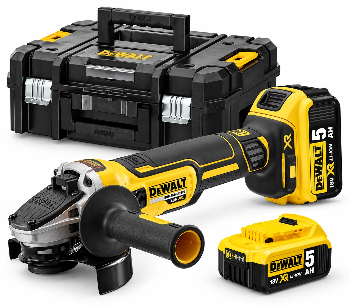 DeWalt DCG405 18V XR cordless angle grinder kit with two 5.0Ah batteries